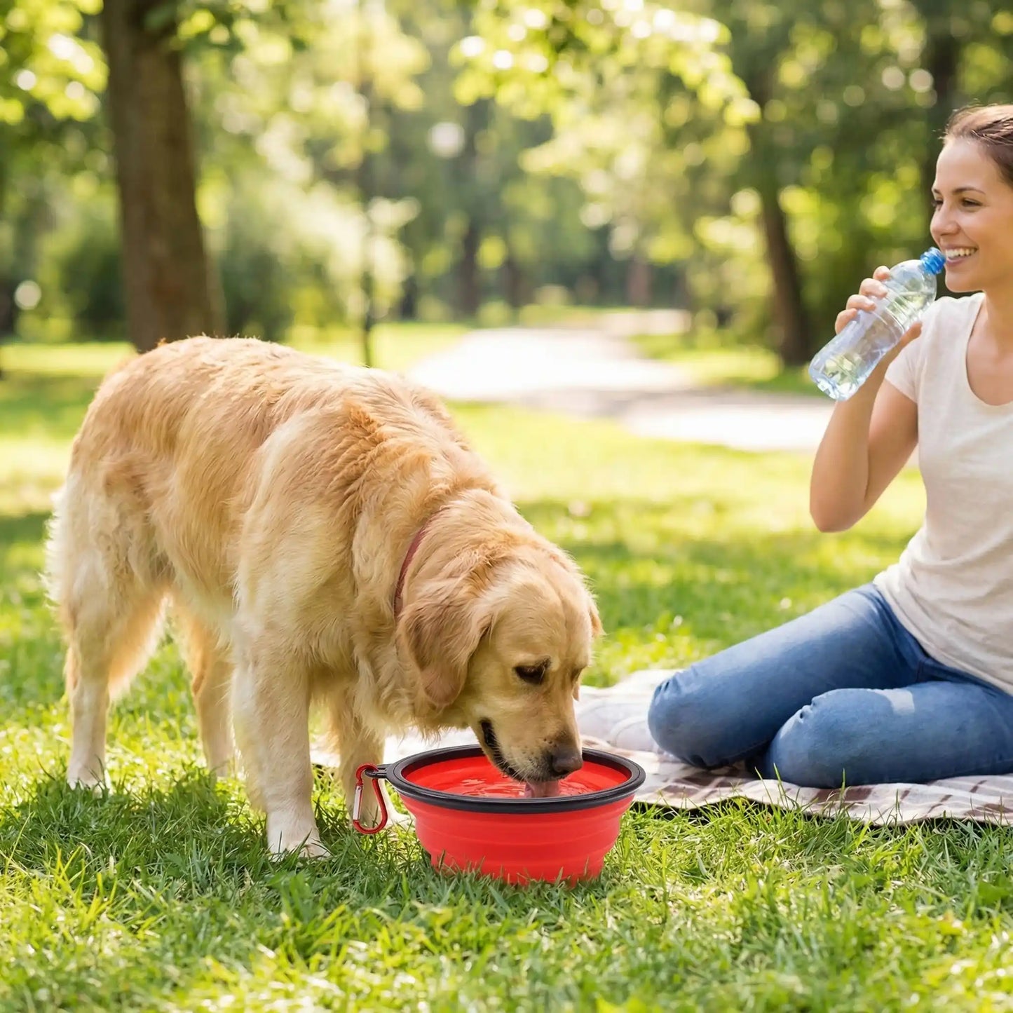 Gamelle-pliable-chien-compacte avec mousqueton, vendues par lot de deux, robuste et solide et lavable en lave-vaisselle, disponible en 3 modèles : 350ml, 1L, 1,5L pour chien de toutes tailles, pour utilisation en voyage, à l'extrieur, en sortie, en promenade pour croquette, nourriture ou eau- ungrand chien qui boit dans la gamelle d'eau à côté de sa maitresse assise sur une nappe qui boit aussi de l'eau dans sa bouteille dans le parc 