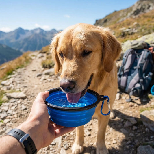 Gamelle-pliable-chien-compacte avec mousqueton, vendues par lot de deux, robuste et solide et lavable en lave-vaisselle, disponible en 3 modèles : 350ml, 1L, 1,5L pour chien de toutes tailles, pour utilisation en voyage, à l'extrieur, en sortie, en promenade pour croquette, nourriture ou eau- un golden retriever qui boit dans la gamelle d'eau tenu par son propriétaire alors qu'ils font une halte dans leur randonnée à la montagne