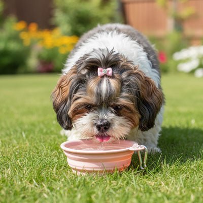 Gamelle-pliable-chien-chiot-lot-de-2-en silicone alimentaire, garanti sans produits chimiques, lavable en lave-vaisselle, robuste et compact comme un CD avec son mousqueton pour l'accrocher n'importe où, léger avec ses 80g, disponible en 2 tailles 350ml et 1000 ml pour toutes races de chien et trois couleur : rose, bleu et vert-un chien de petite race qui boit confortablement dans sa gamelle pliable de couleur rose sur la pelouse du jardin au printemps