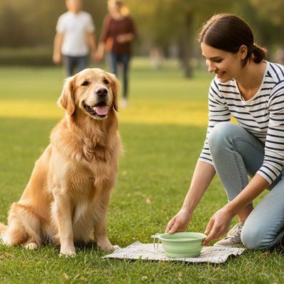 Gamelle-pliable-chien-chiot-lot-de-2-en silicone alimentaire, garanti sans produits chimiques, lavable en lave-vaisselle, robuste et compact comme un CD avec son mousqueton pour l'accrocher n'importe où, léger avec ses 80g, disponible en 2 tailles 350ml et 1000 ml pour toutes races de chien et trois couleur : rose, bleu et vert-une maitresse qui donne la gamelle dépliée remplit d'eau pour désaltérer son grand chien avec de l'eau fraiche au parc en été