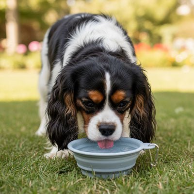 Gamelle-pliable-chien-chiot-lot-de-2-en silicone alimentaire, garanti sans produits chimiques, lavable en lave-vaisselle, robuste et compact comme un CD avec son mousqueton pour l'accrocher n'importe où, léger avec ses 80g, disponible en 2 tailles 350ml et 1000 ml pour toutes races de chien et trois couleur : rose, bleu et vert-un chien de race moyenne qui se désaltère dans la gamelle pliable en silicone hygiénique sur la pelouse du parc à chien de la ville