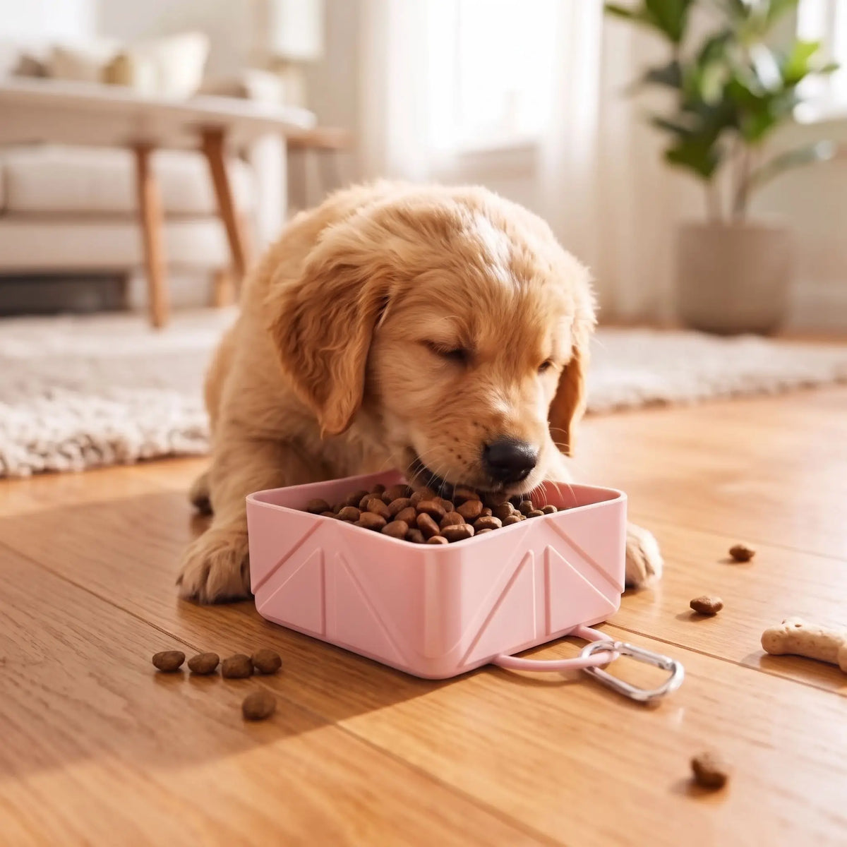 Gamelle-pliable-pour-chien-lot-de-2-avec-mousqueton en silicone alimentaire, ultra-compacte, ultra-légère, antidérapante, lavable, robuste d'une contenance de 500 ml par gamelle, soit 1 litres avec le lot de deux gamelles pour chiot et chien de petite à moyenne taille-un chiot qui mange confortablement dans sa gamelle dépliée en silicone alimentaire de forme carrée de couleur rose sur le sol de la location de vacances