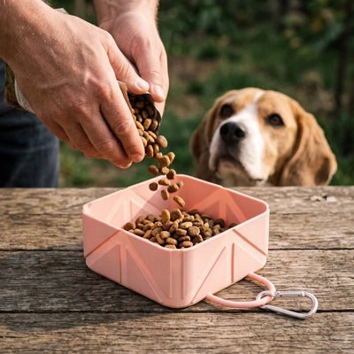 Gamelle-pliable-pour-chien-lot-de-2-avec-mousqueton en silicone alimentaire, ultra-compacte, ultra-légère, antidérapante, lavable, robuste d'une contenance de 500 ml par gamelle, soit 1 litres avec le lot de deux gamelles pour chiot et chien de petite à moyenne taille-un chien de taille moyenne qui regard avec amour son maitre qui verse ses croquettes dans la gamelle en silicone pliable sur la table de pique-nique du parc pour une halte gourmande