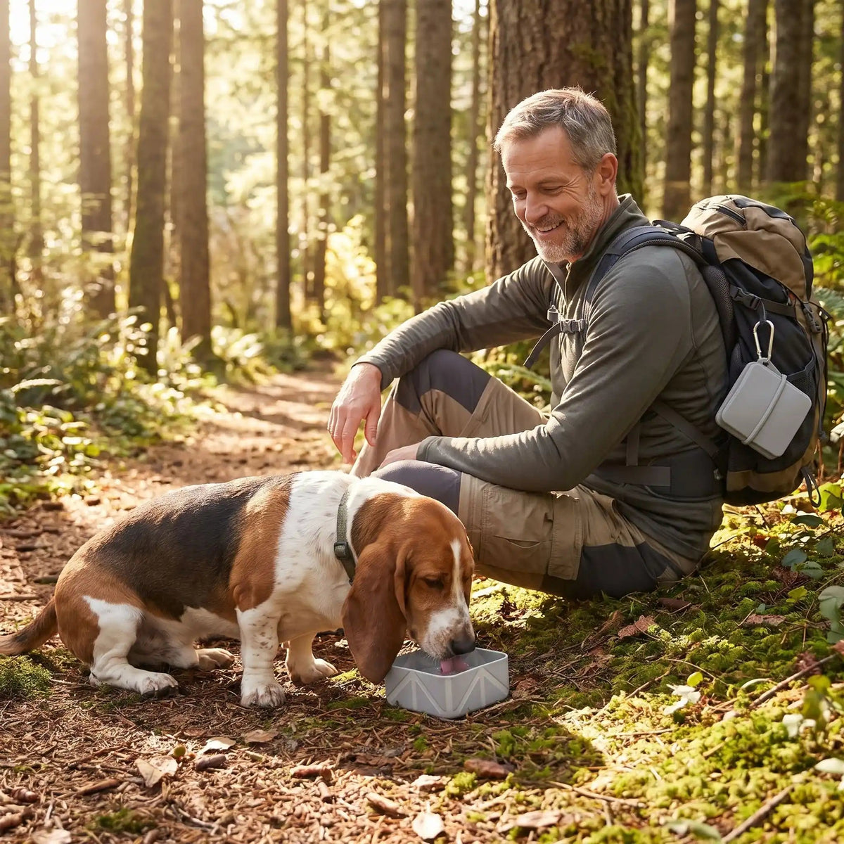 Gamelle-pliable-pour-chien-lot-de-2-avec-mousqueton en silicone alimentaire, ultra-compacte, ultra-légère, antidérapante, lavable, robuste d'une contenance de 500 ml par gamelle, soit 1 litres avec le lot de deux gamelles pour chiot et chien de petite à moyenne taille-un chien de taille moyenne qui boit dans la gamelle dépliée avec ses 500ml d'eau sur le sol de la forêt avec son maitre qui le regarde avec amour assis à côté de lui pour une halte d'hydratation en randonnée