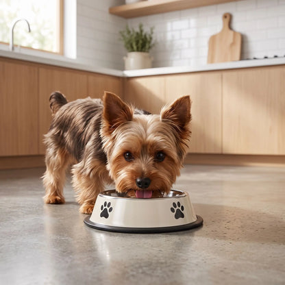Gamelle-pour-chien-anti-renversement avec base élargie et anneau en silicone amovible, inox robuste et indéformable, hygiénique, lavable en lave-vaisselle pour une stabilité à toute épreuve, anti renversement, design avec pattes de chien, en blanc ou gris disponible en 4 tailles 300/700/1000/1200 ml pour race de chiot ou chien de petite, moyenne, grande taille-un petit chien qui boit confortablement dans sa gamelle inox hygiénique avec son fond 100% antidérapant sur le sol de la cuisine de l'appartement