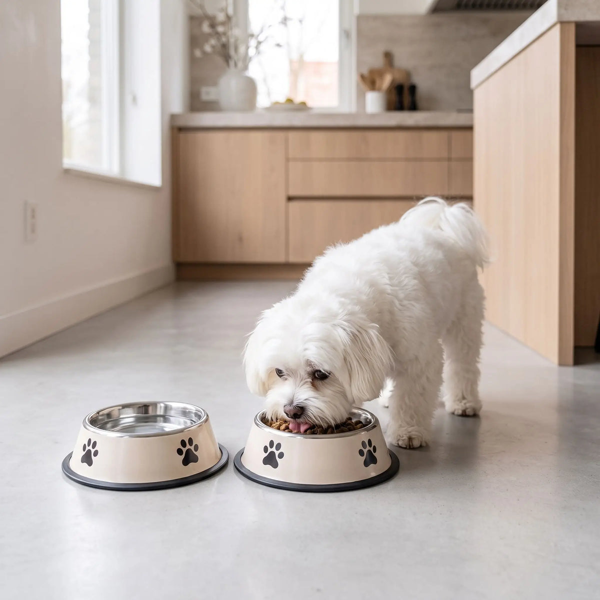 Gamelle-pour-chien-anti-renversement avec base élargie et anneau en silicone amovible, inox robuste et indéformable, hygiénique, lavable en lave-vaisselle pour une stabilité à toute épreuve, anti renversement, design avec pattes de chien, en blanc ou gris disponible en 4 tailles 300/700/1000/1200 ml pour race de chiot ou chien de petite, moyenne, grande taille-un petit chien qui mange confortablement dans sa gamelle inox hygiénique avec son fond 100% antidérapant sur le sol de la cuisine de la maison