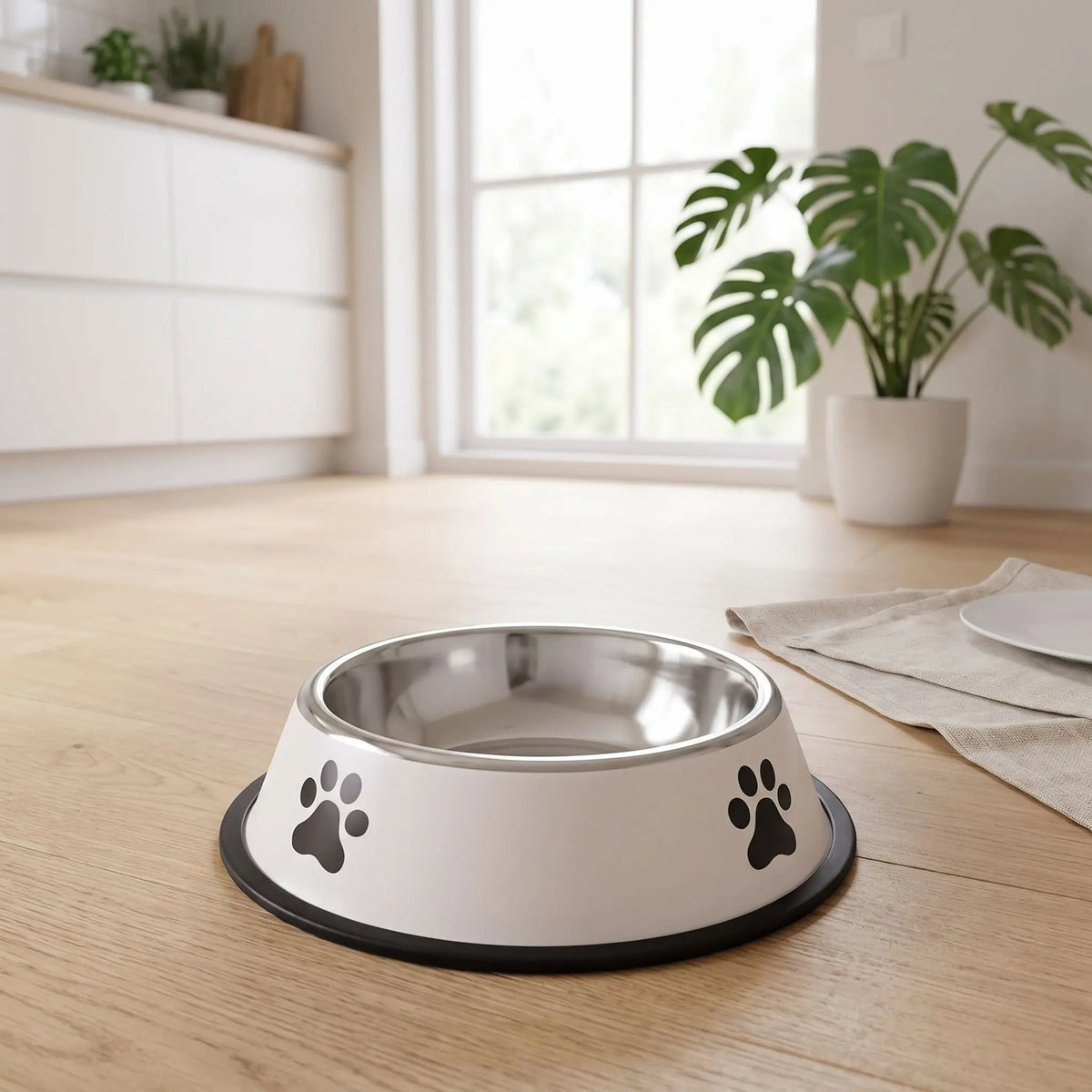 Gamelle-pour-chien-anti-renversement avec base élargie et anneau en silicone amovible, inox robuste et indéformable, hygiénique, lavable en lave-vaisselle pour une stabilité à toute épreuve, anti renversement, design avec pattes de chien, en blanc ou gris disponible en 4 tailles 300/700/1000/1200 ml pour race de chiot ou chien de petite, moyenne, grande taille-gros plan sur la gamelle inox hygiénique blanche avec son fond 100% antidérapant en silicone sur le sol de la cuisine de la maison