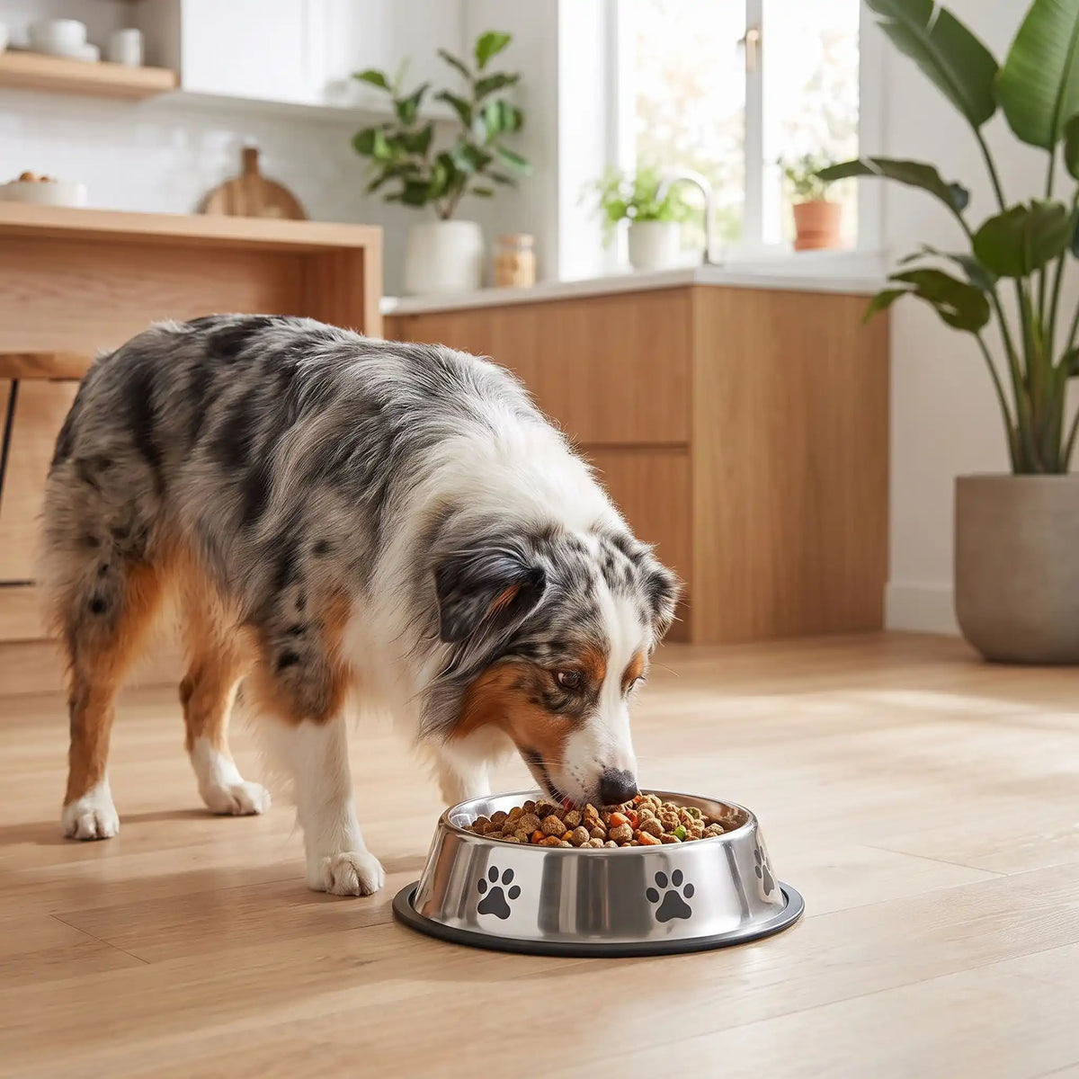 Gamelle-pour-chien-anti-renversement avec base élargie et anneau en silicone amovible, inox robuste et indéformable, hygiénique, lavable en lave-vaisselle pour une stabilité à toute épreuve, anti renversement, design avec pattes de chien, en blanc ou gris disponible en 4 tailles 300/700/1000/1200 ml pour race de chiot ou chien de petite, moyenne, grande taille-un chien moyenne taille qui mange confortablement dans sa gamelle inox hygiénique avec fond 100% antidérapant sur le sol de la cuisine de la maison