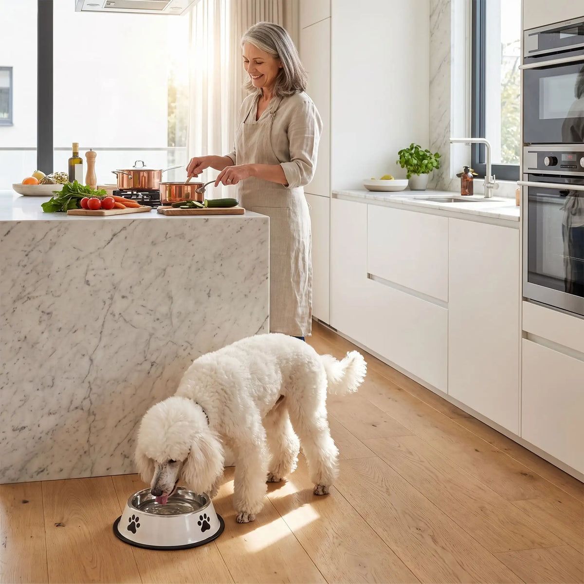 Gamelle-pour-chien-anti-renversement avec base élargie et anneau en silicone amovible, inox robuste et indéformable, hygiénique, lavable en lave-vaisselle pour une stabilité à toute épreuve, anti renversement, design avec pattes de chien, en blanc ou gris disponible en 4 tailles 300/700/1000/1200 ml pour race de chiot ou chien de petite, moyenne, grande taille-un grand chien qui mange confortablement dans sa gamelle inox hygiénique avec son fond 100% antidérapant sur le sol de la cuisine de l'appartement