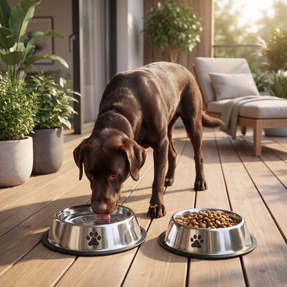 Gamelle-pour-chien-anti-renversement avec base élargie et anneau en silicone amovible, inox robuste et indéformable, hygiénique, lavable en lave-vaisselle pour une stabilité à toute épreuve, anti renversement, design avec pattes de chien, en blanc ou gris disponible en 4 tailles 300/700/1000/1200 ml pour race de chiot ou chien de petite, moyenne, grande taille-un chien de grande taille qui boit confortablement dans sa gamelle inox hygiénique avec son fond 100% antidérapant sur la terrasse de l'appartement