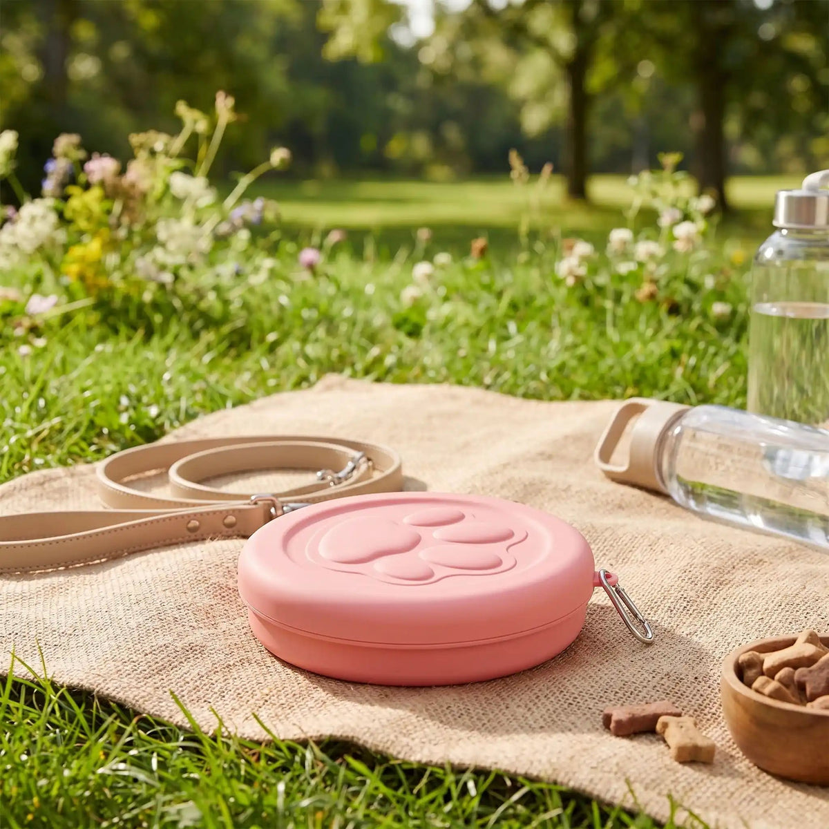 Gamelle-pour-chien-de-voyage-chiot-hermétique-14-cm, compact avec mousqueton pour l'attacher partout pour un encombrement minimum, conçu en plastique robuste de qualité alimentaire, couvercle avec système hermétique pour les croquette et anti fuite, disponible en 3 coloris adapté au chiot et chien de petite race, design avec sa patte de chien en relief, lavable au lave vaisselle-gros plan sur la gamelle refermable pour chien de couleur rose avec son mousqueton solide sur la nappe de pique nique dans le parc