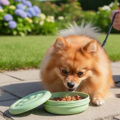 Gamelle-pour-chien-de-voyage-chiot-hermétique-14-cm, compact avec mousqueton pour l'attacher partout pour un encombrement minimum, conçu en plastique robuste de qualité alimentaire, couvercle avec système hermétique pour les croquette et anti fuite, disponible en 3 coloris adapté au chiot et chien de petite race, design avec sa patte de chien en relief, lavable au lave vaisselle- un petit chien en voyage avec sa famille qui fait une halte en mangeant son repas dans la gamelle hermétique refermable verte