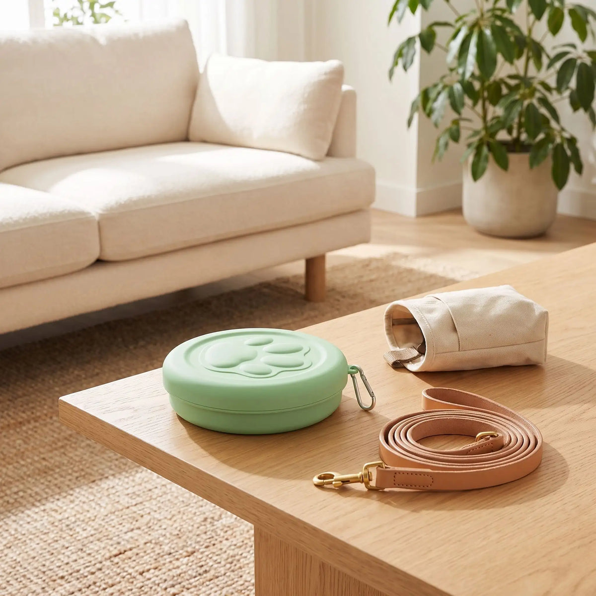 Gamelle-pour-chien-de-voyage-chiot-hermetique-14-cm, compact avec mousqueton pour l'attacher partout pour un encombrement minimum, conçu en plastique robuste de qualité alimentaire, couvercle avec système hermétique pour les croquette et anti fuite, disponible en 3 coloris adapté au chiot et chien de petite race, design avec sa patte de chien en relief, lavable au lave vaisselle-gros plan sur la gamelle refermable pour chien de couleur verte avec son mousqueton solide sur la table du salon