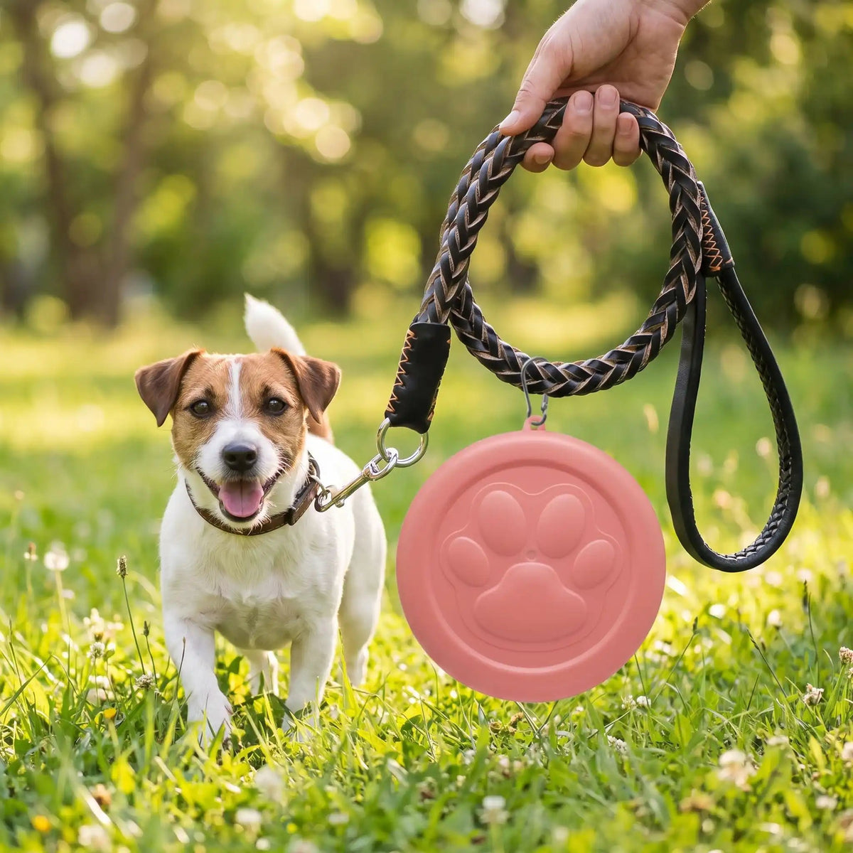 Gamelle-pour-chien-de-voyage-chiot-hermétique-14-cm, compact avec mousqueton pour l'attacher partout pour un encombrement minimum, conçu en plastique robuste de qualité alimentaire, couvercle avec système hermétique pour les croquette et anti fuite, disponible en 3 coloris adapté au chiot et chien de petite race, design avec sa patte de chien en relief, lavable au lave vaisselle-gros plan sur la gamelle refermable pour chien de couleur rose avec son mousqueton attaché à la laisse de son chien en balade