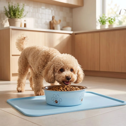 Gamelle-pour-chien-inox-3-tailles robuste et indéformable pour chien et chiot design hygiénique, lavable en lave-vaisselle avec son fond antidérapant en silicone pour une stabilité à toute épreuve, anti renversement, anti éclaboussures, design noir avec des patte de chien, en rose, bleu ou jaune disponible en 3 tailles 250/500/850 ml pour race de chiot ou chien de petite à moyenne taille-un petit chien qui mange confortablement dans sa gamelle bleue hygiénique sur le tapis à gamelle sur le sol de la cuisine