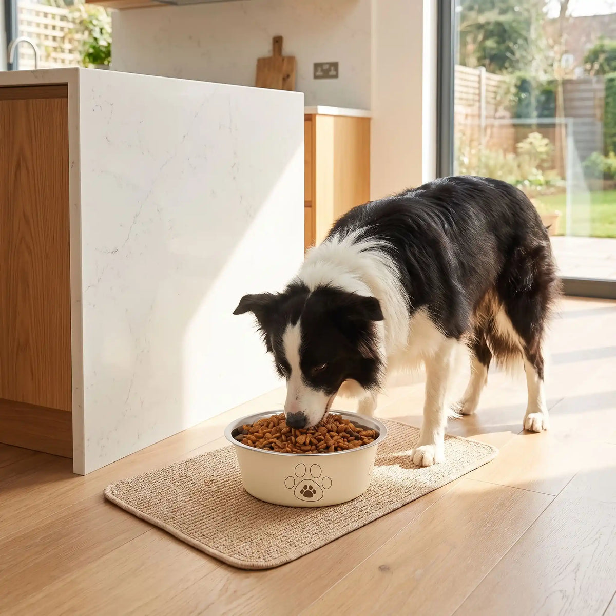 Gamelle-pour-chien-inox-3-tailles robuste et indéformable pour chien et chiot design hygiénique, lavable en lave-vaisselle avec son fond antidérapant en silicone pour une stabilité à toute épreuve, anti renversement, anti éclaboussures, design noir avec des patte de chien, en rose, bleu ou jaune disponible en 3 tailles 250/500/850 ml pour race de chiot ou chien de petite à moyenne taille-un chien moyen qui mange confortablement dans sa gamelle bleue hygiénique sur le tapis à gamelle sur le sol de la cuisine