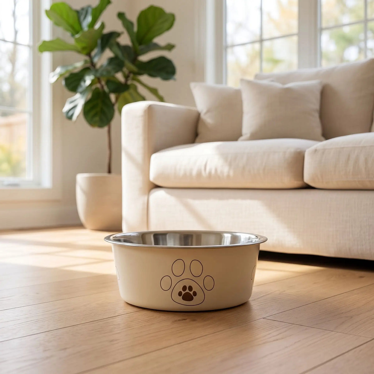 Gamelle-pour-chien-inox-3-tailles robuste et indéformable pour chien et chiot design hygiénique, lavable en lave-vaisselle avec son fond antidérapant en silicone pour une stabilité à toute épreuve, anti renversement, anti éclaboussures, design noir avec des patte de chien, en rose, bleu ou jaune disponible en 3 tailles 250/500/850 ml pour race de chiot ou chien de petite à moyenne taille-gros plan sur la gamelle jaune hygiénique pour chiot et chien avec fond antidérapant sur le sol en parquet du salon
