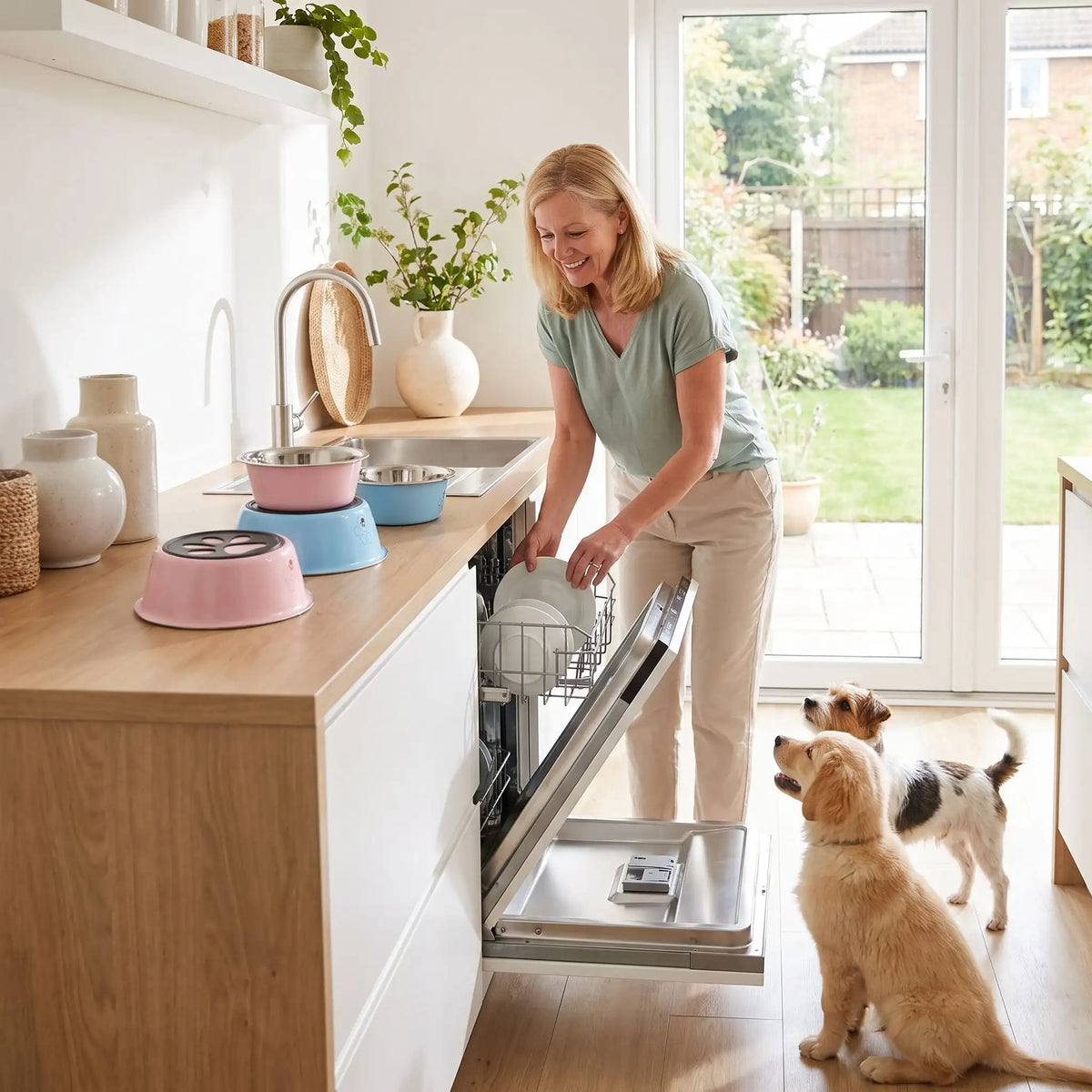 Gamelle-pour-chien-inox-3-tailles robuste et indéformable pour chien et chiot design hygiénique, lavable en lave-vaisselle avec son fond antidérapant en silicone pour une stabilité à toute épreuve, anti renversement, anti éclaboussures, design noir avec des patte de chien, en rose, bleu ou jaune disponible en 3 tailles 250/500/850 ml pour race de chiot ou chien de petite à moyenne taille-une maitresse qui sort les  gamelles design bleu et rose du lave vaisselle sous le regard de son chiot et son petit chien