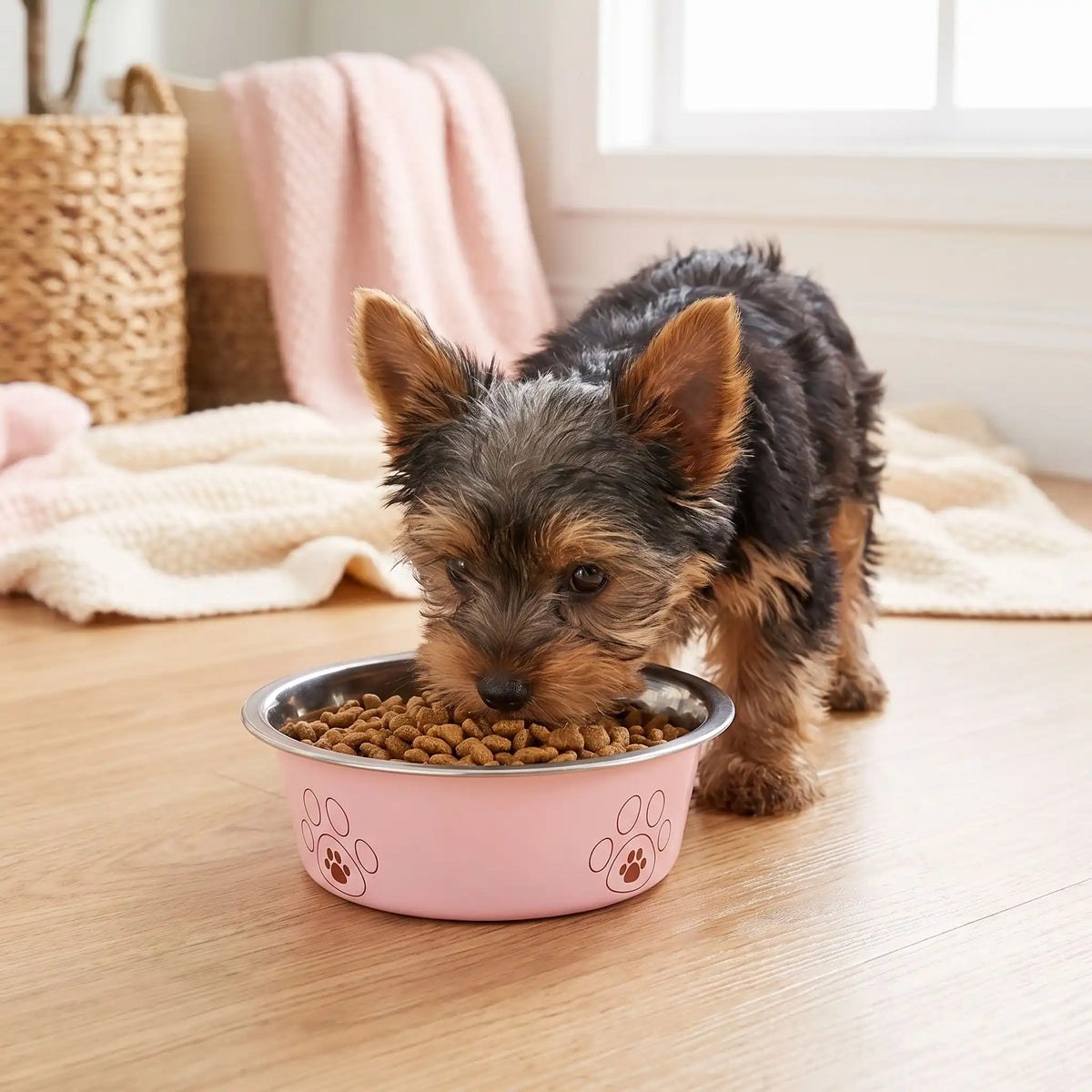 Gamelle-pour-chien-inox-3-tailles robuste et indéformable pour chien et chiot design hygiénique, lavable en lave-vaisselle avec son fond antidérapant en silicone pour une stabilité à toute épreuve, anti renversement, anti éclaboussures, design noir avec des patte de chien, en rose, bleu ou jaune disponible en 3 tailles 250/500/850 ml pour race de chiot ou chien de petite à moyenne taille-un petit chien qui mange confortablement dans sa gamelle rose hygiénique avec son fond 100% antidérapant sur le parquet 