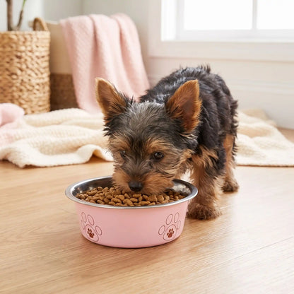 Gamelle-pour-chien-inox-3-tailles robuste et indéformable pour chien et chiot design hygiénique, lavable en lave-vaisselle avec son fond antidérapant en silicone pour une stabilité à toute épreuve, anti renversement, anti éclaboussures, design noir avec des patte de chien, en rose, bleu ou jaune disponible en 3 tailles 250/500/850 ml pour race de chiot ou chien de petite à moyenne taille-un petit chien qui mange confortablement dans sa gamelle rose hygiénique avec son fond 100% antidérapant sur le parquet 