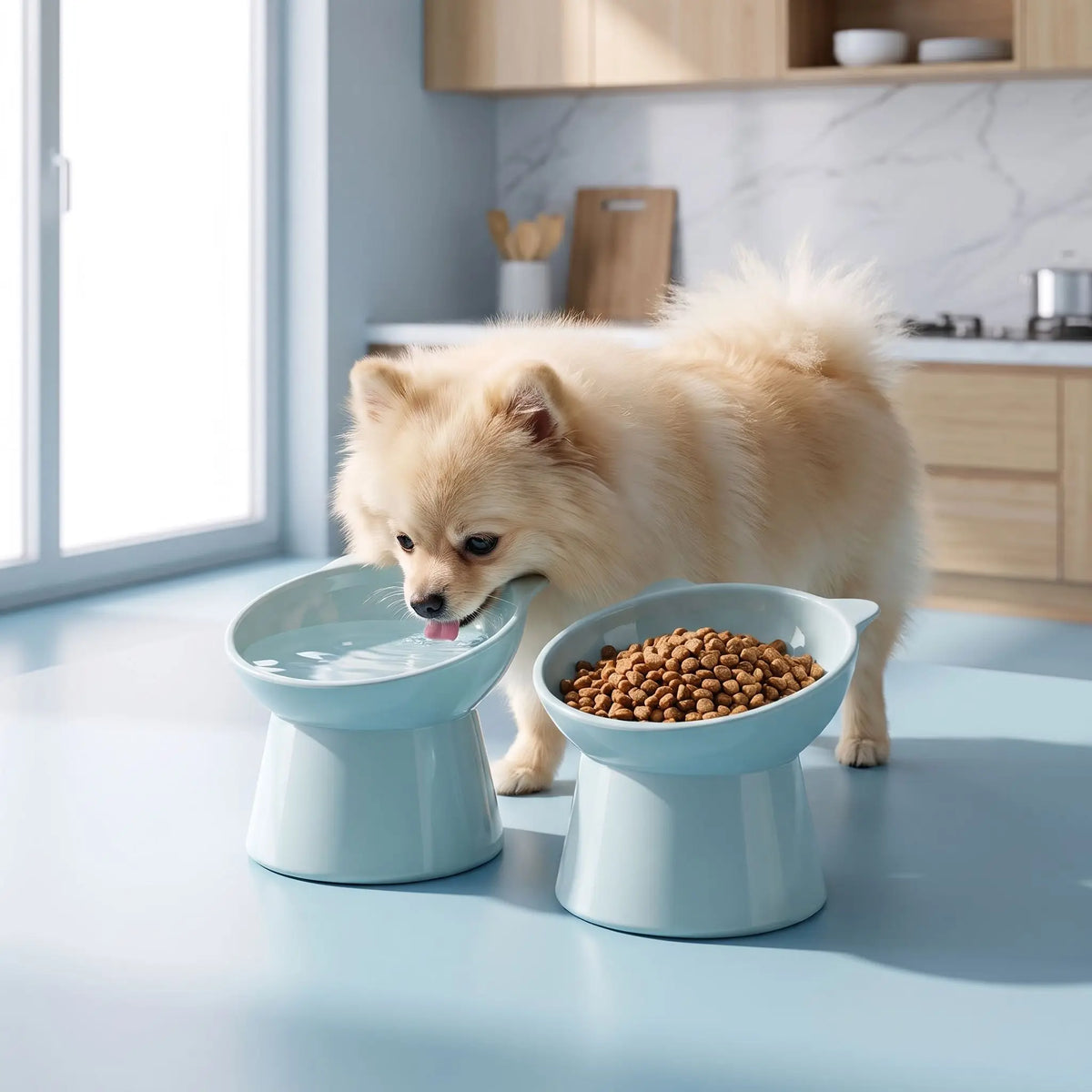 Gamelle-pour-petit-chien-haute-inclinée à 45° pour protéger son cou, vendues par lot-de-2, sur une base large est stable, contenance de 200g/200ml pour chien de petite race et chiot de petite à moyenne race de 3 à 8 kg, gamelle surélevée séparée en ABS sûr de qualité alimentaire sans BPA, ni produits toxiques, avec design oreille, solide et incassable, lavable au lave- vaisselle-un Spitz nain qui boit dans gamelle haute bleue avec sa deuxième gamelle remplie de croquettes dans la cuisine