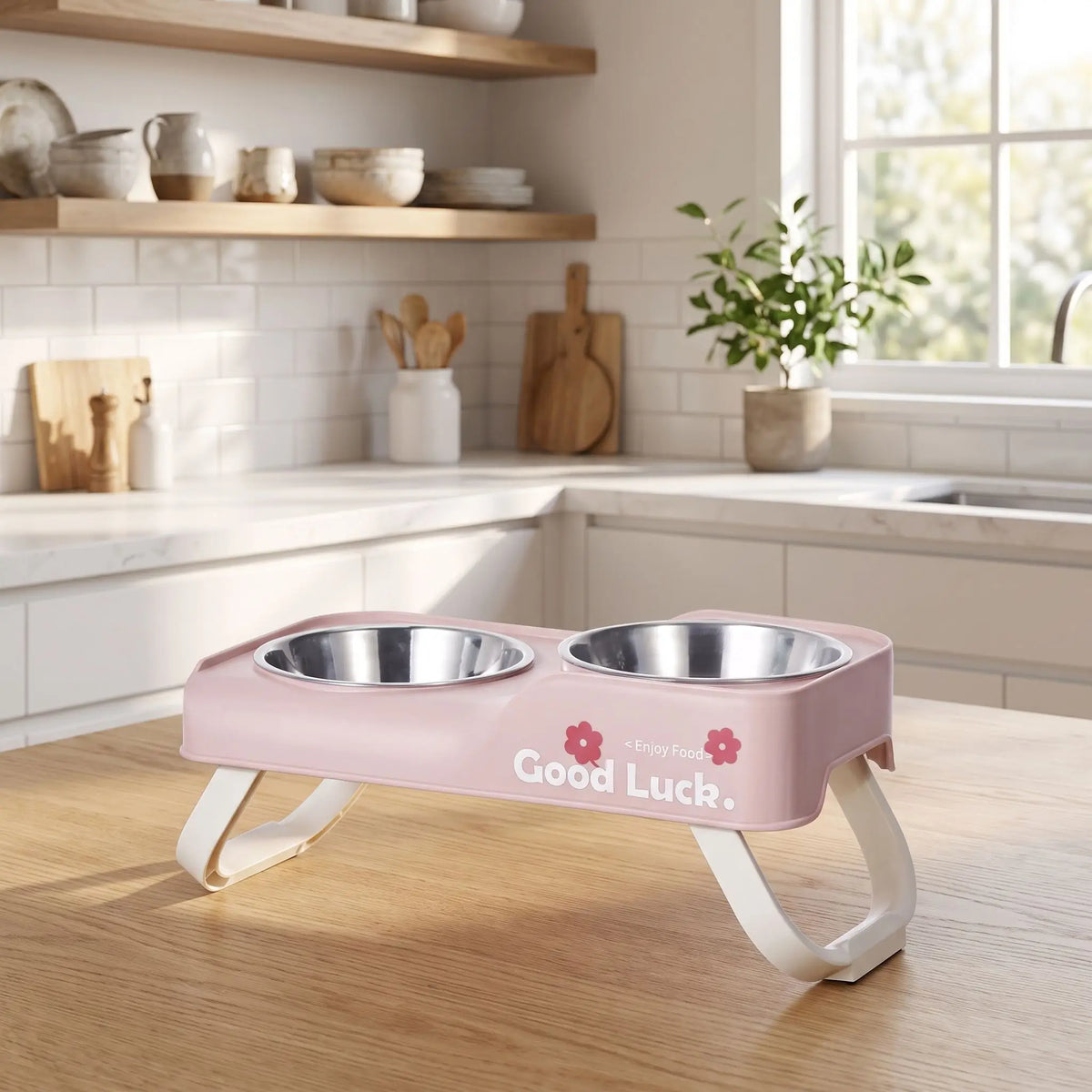 Gamelles-chien-en-hauteur-asymétrique-avec-support et pied surélevé pliable en ABS robuste et gamelle inox de 350/380ml chacune en lot de 2, lavable en lave-vaisselle pour race de chien de petite à moyenne taille, transportable , hygiénique qui s'adapte à la croissance du chiot - gros plan sur le support surélevé de couleur rose avec pieds pliables et ses deux gamelles inox 