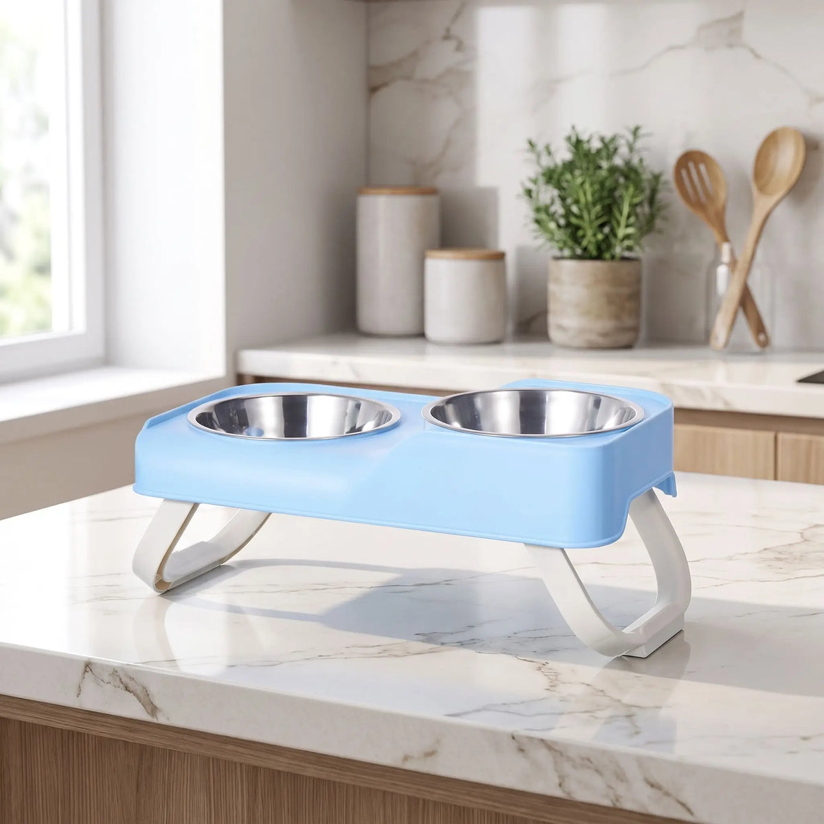 Gamelles-chien-en-hauteur-asymétrique-avec-support et pied surélevé pliable en ABS robuste et gamelle inox de 350/380ml chacune en lot de 2, lavable en lave-vaisselle pour race de chien de petite à moyenne taille, transportable , hygiénique qui s'adapte à la croissance du chiot - gros plan sur le support surélevé de couleur bleu avec pieds pliables et ses deux gamelles inox 