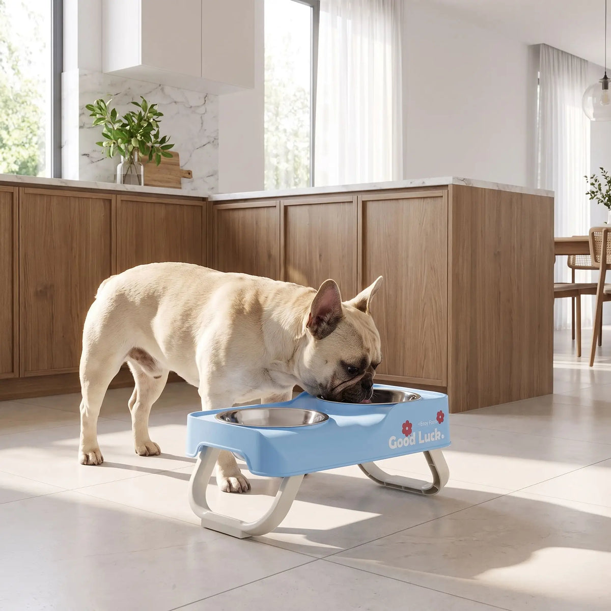 Gamelles-chien-en-hauteur-asymétrique-avec-support et pied surélevé pliable en ABS robuste et gamelle inox de 350/380ml chacune en lot de 2, lavable en lave-vaisselle pour race de chien de petite à moyenne taille, transportable , hygiénique qui s'adapte à la croissance du chiot - un chien de petite taille qui boit confortablement dans sa gamelle d'eau surélevée de 5 cm par rapport à la deuxième gamelle de nourriture plus basse sur le support bleu sur ses deux pieds antidérapants sur le sol