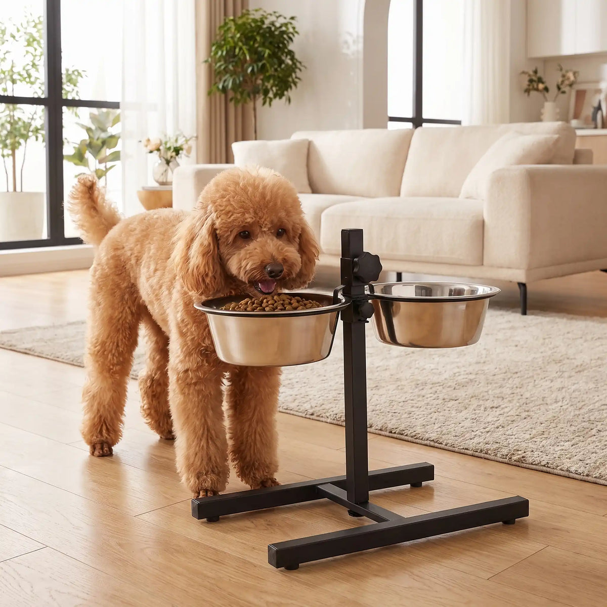 Gamelles-surélevées-pour-chiens-chiots-support en fer réglable en hauteur grâce à sa molette facile et ses 2 gamelles inoxydables lavable en lave-vaisselle avec ses 4 pieds et ses deux arceaux pour mettre les gamelles et assurent zéro bruit et zéro glissement pour chiot et chien de petite à grande taille de 40 à 65 cm au garrot-un chien de taille moyenne qui mange dans une des gamelles inox sur le support en fer noir réglable en hauteur grâce à sa molette facile dans le salon de l'appartement