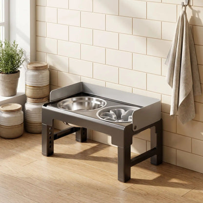Gamelles surélevées gris et noir réglable sur 5 hauteurs, de 21/23/25/27/28 cm avec rebord anti-éclaboussure et anti-débordement, disponible en 2 modèles, matériaux ABS robuste noir et 2 gamelles inox ou 1 gamelle inox et gamelle anti-glouton, station d'alimentation inclinable par 5° pour chiot en croissance ou chien de petite à moyenne taille- gros plan sur la station d'alimentation et sa gamelle d'eau de 1L en inox et sa gamelle antiglouton contre le mur de la cuisine de l'appartement