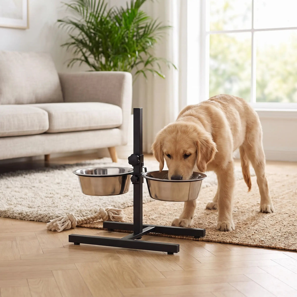 Gamelles-surélevées-pour-chiens-chiots-support en fer réglable en hauteur grâce à sa molette facile et ses 2 gamelles inoxydables lavable en lave-vaisselle avec ses 4 pieds et ses deux arceaux pour mettre les gamelles et assurent zéro bruit et zéro glissement pour chiot et chien de petite à grande taille de 40 à 65 cm au garrot-un chiot de race moyenne qui mange dans une des gamelles inox sur le support en fer noir réglé par sa molette une petite hauteur dans le salon de la maison