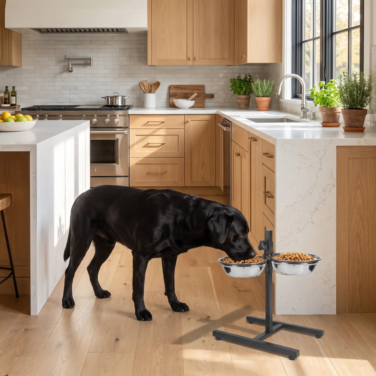 Gamelles-surélevées-pour-chiens-chiots-support en fer réglable en hauteur grâce à sa molette facile et ses 2 gamelles inoxydables lavable en lave-vaisselle avec ses 4 pieds et ses deux arceaux pour mettre les gamelles et assurent zéro bruit et zéro glissement pour chiot et chien de petite à grande taille de 40 à 65 cm au garrot- un chien de grande taille qui mange dans une des gamelles inox sur le support réglé à la plus haute hauteur grâce à sa molette dans la cuisine de l'appartement 