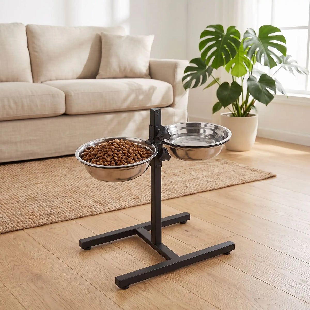 Gamelles-surélevées-pour-chiens-chiots-support en fer réglable en hauteur grâce à sa molette facile et ses 2 gamelles inoxydables lavable en lave-vaisselle avec ses 4 pieds et ses deux arceaux pour mettre les gamelles et assurent zéro bruit et zéro glissement pour chiot et chien de petite à grande taille de 40 à 5 cm au garrot-gros plan sur le support en fer noir et ses deux gamelles pour chien en inox installé réglé par sa molette à la plus grande hauteur dans le salon de l'appartement