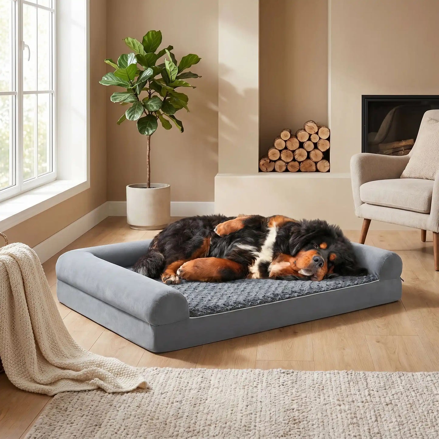 Grand-lit-chien-orthopédique-xxl avec traversin intégré,antidérapant-imperméable-déhoussable-lavable en machine-résistant aux griffes et morsures  pour grand chien et chiot jusqu'à 68 kg max-en velours côtelé et 100% Coton PP et deux traversins cylindriques rembourré en forme de L de couleur gris pour un effet apaisant et sécurisant-un chien de race géante couché confortablement les pattes en l'air sur son lit orthopédique avec rebord surélevé en U pour un effet anti-stress et apaisant dans le salon 