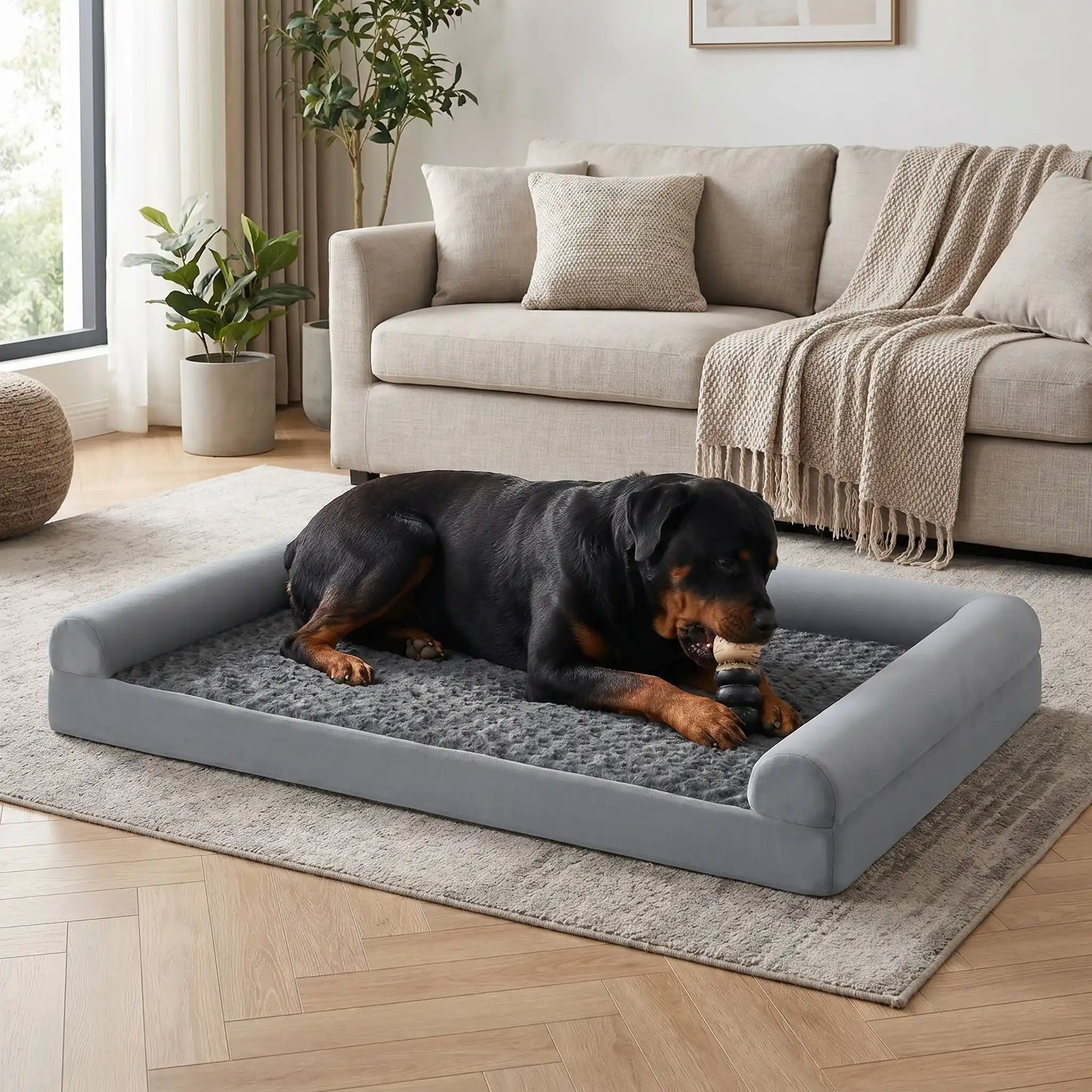 Grand-lit-chien-orthopédique-xxl avec traversin intégré,antidérapant-imperméable-déhoussable-lavable en machine-résistant aux griffes et morsures  pour grand chien et chiot jusqu'à 68 kg max-en velours côtelé et 100% Coton PP et deux traversins cylindriques rembourré en forme de L de couleur gris pour un effet apaisant et sécurisant-un chien de grande taille couché confortablement sur le lit orthopédique avec rebord surélevé en U pour un effet anti-stress, qui mâche son jouet paisiblement