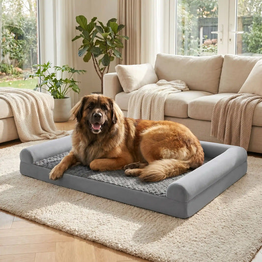 Grand-lit-chien-orthopédique-xxl avec traversin intégré,antidérapant-imperméable-déhoussable-lavable en machine-résistant aux griffes et morsures  pour grand chien et chiot jusqu'à 68 kg max-en velours côtelé et 100% Coton PP et deux traversins cylindriques rembourré en forme de L de couleur gris pour un effet apaisant et sécurisant-un chien de très grande taille couché confortablement sur le lit orthopédique avec rebord surélevé en U pour un effet anti-stress complètement déhoussable sans le salon 