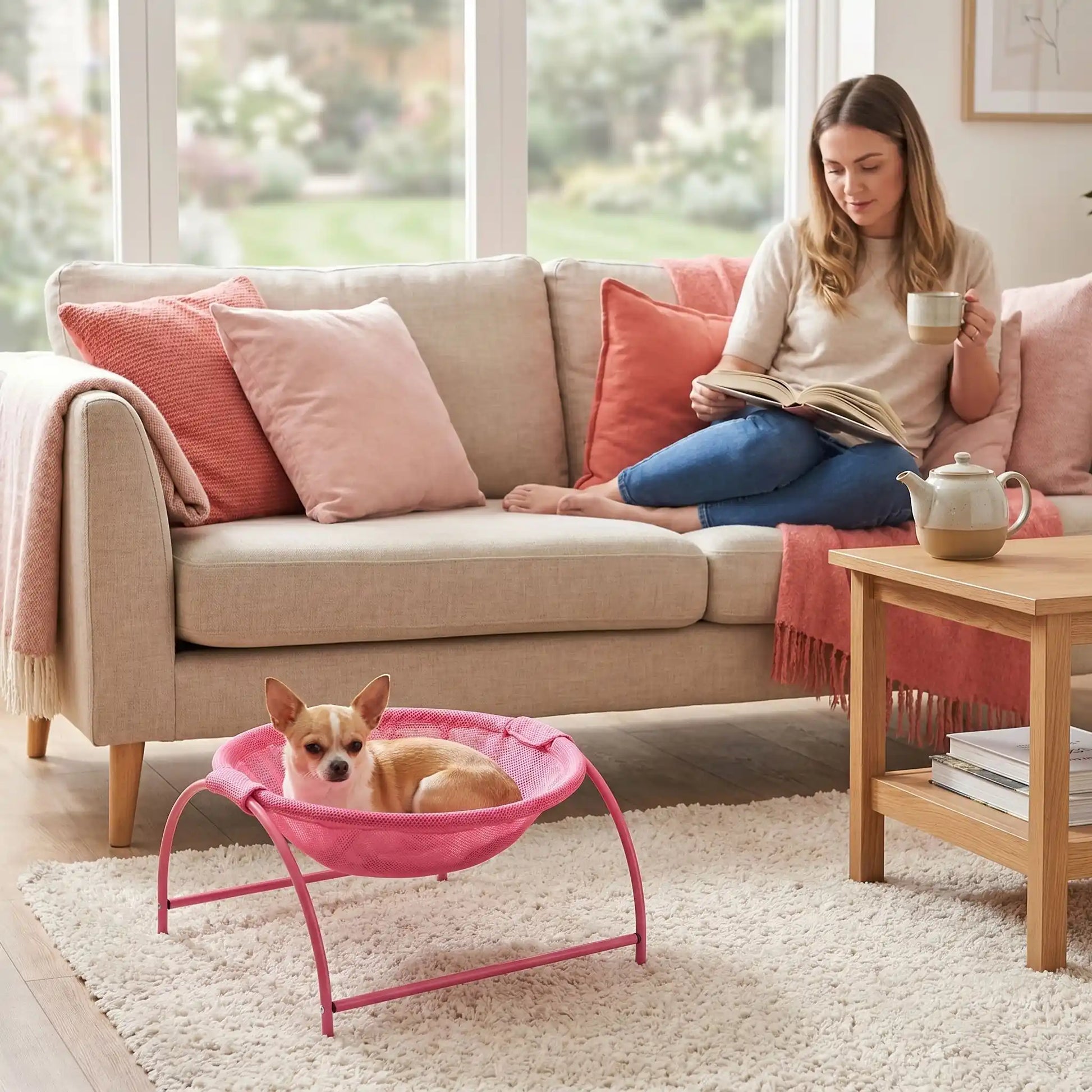 Hamac-pour-chien-chiot-exterieur et interieur en maille respirante et hypoallergénique, structure solide en acier avec 3 pieds et renfort par de barres latérales, cerceau central entourant et apaisant pour les chiot et chien de petite taille et de races naines de 0 à 3 kilos max , lit surélevé et idéal pour l'été-un chihuahua couché confortablement dans son hamac rond de couleur rose entourant avec sa structure en acier à côté du canapé avec sa maitresse assise dessus qui lit son livre et boit son café 