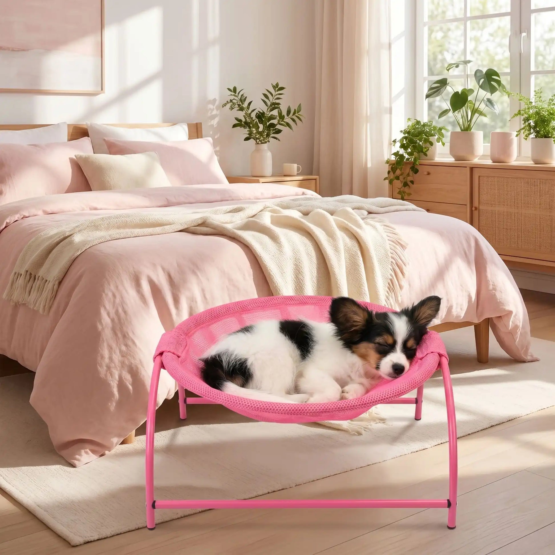 Hamac-pour-chien-chiot-exterieur et interieur en maille respirante et hypoallergénique, structure solide en acier avec 3 pieds et renfort par de barres latérales, cerceau central entourant et apaisant pour les chiot et chien de petite taille et de races naines de 0 à 3 kilos max , imperméable et lavable-un épagneul papillon qui dort paisiblement niché dans son hamac rond rose entourant avec sa structure en acier sur pieds dans la chambre de la maison en été