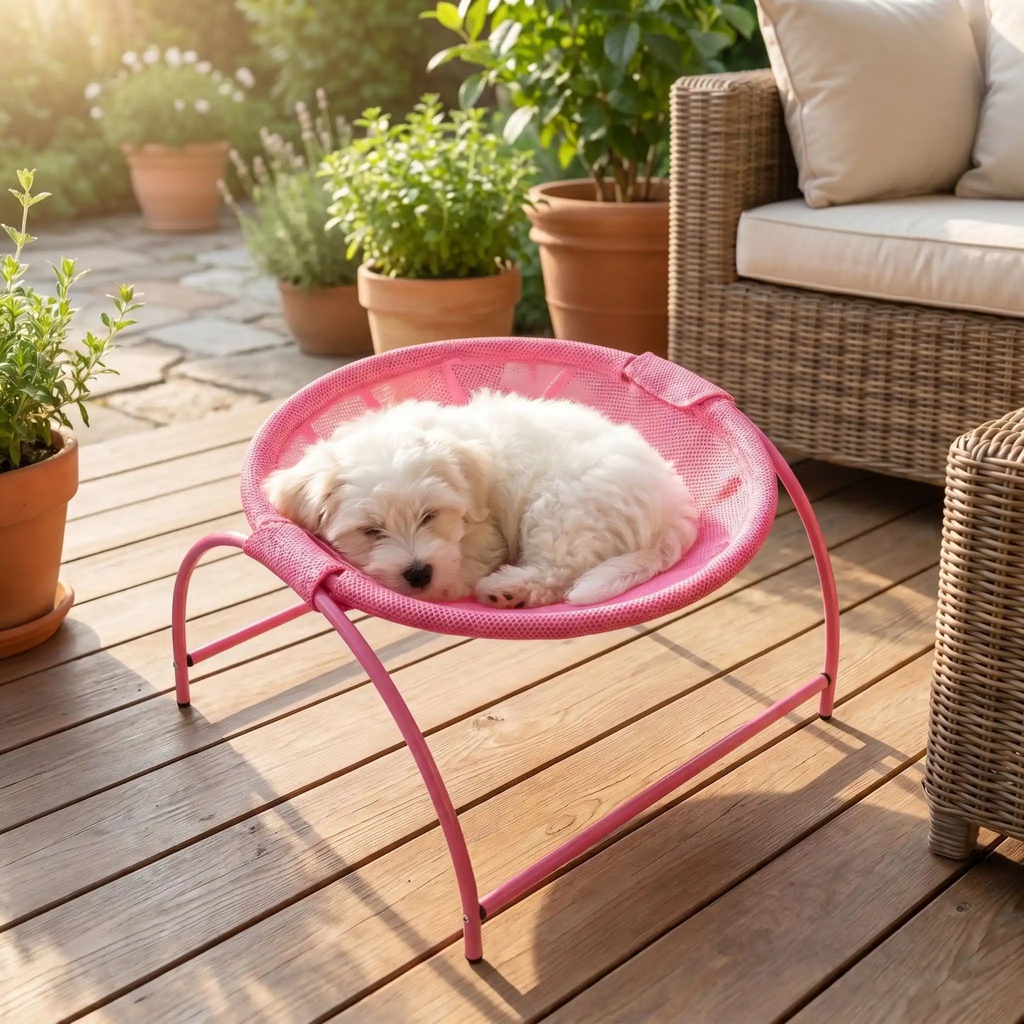 Hamac-pour-chien-chiot-exterieur et interieur en maille respirante et hypoallergénique, structure solide en acier avec 3 pieds et renfort par de barres latérales, cerceau central entourant et apaisant pour les chiot et chien de petite taille et de races naines de 0 à 3 kilos max , imperméable et lavable-un chiot qui dort en boule paisiblement dans son hamac rond rose entourant avec sa structure en acier sur pieds sur la terrasse en bois de la maison en été