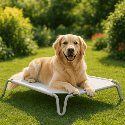 Hamac-pour-chien-imperméable-lit surélevé démontable-lavable-en teslin ultra-résistant aux griffes doux, ergonomique sur pied et cadre en acier inoxydable stable-isole du sol froid, des bactéries et poussière-hygiénique et durable-respirant et rafraichissant en été pour une utilisation polyvalente en intérieur ou extérieur pour toutes tailles de chiens jusqu'à 30 kg-un Golden retriever couché sur son lit surélevé dans le jardin de la maison en été