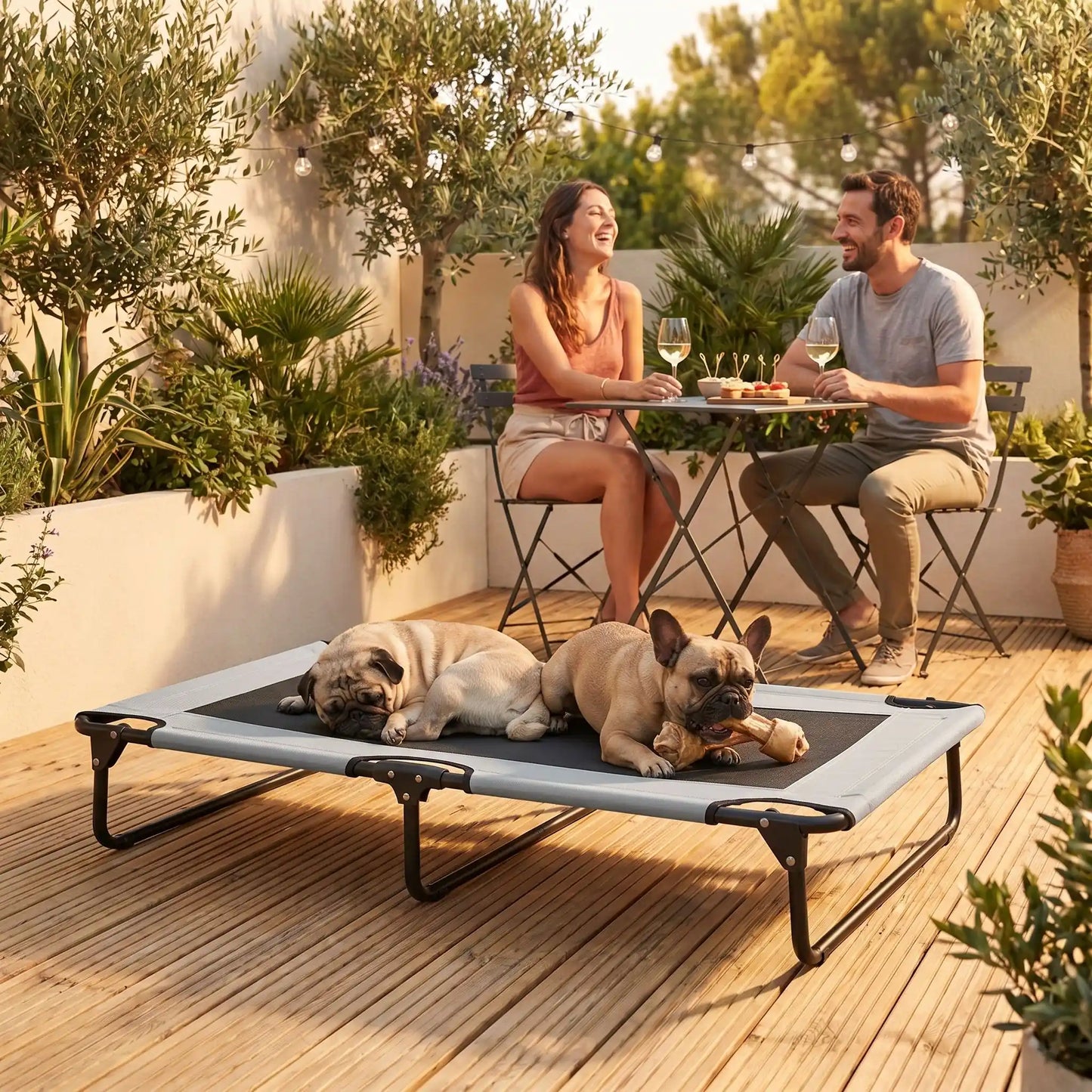 Hamac pour chien de 107 cm, en tissu oxford 100% imperméable et maille respirante et structure en acier robuste, polyvalent pour une utilisation interieur et exterieur, surélevé avec 3 barres transversales et patin anti rayure pour une stabilité pour chiot et chien de petite à moyenne taille jusqu'à 30 kilos-un carlin et un bouledogue français qui dorment côte à côte couché au frais sur le lit surélevé à côté de ses maitres qui boivent l'apéro sur la  terrasse de la maison en été 