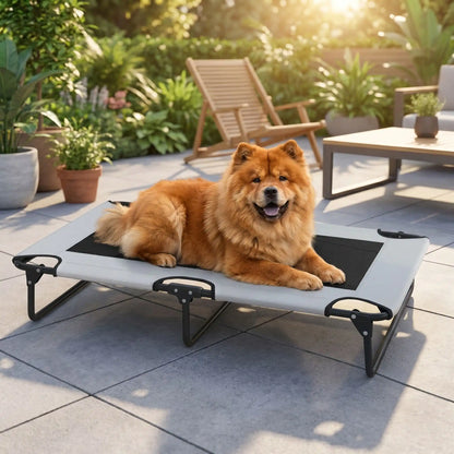 Hamac pour chien de 107 cm, en tissu oxford 100% imperméable et maille respirante et structure en acier robuste, polyvalent pour une utilisation interieur et exterieur, surélevé avec 3 barres transversales et patin anti rayure pour une stabilité pour chiot et chien de petite à moyenne taille jusqu'à 30 kilos-un chien moyen couché au frais sur son lit de camp gris foncé sur la terasse de la maison en été