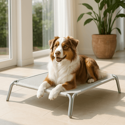 Hamac-pour-chien-imperméable-lit surélevé démontable-lavable-en teslin ultra-résistant aux griffes doux, ergonomique sur pied et cadre en acier inoxydable stable-isole du sol froid, des bactéries et poussière-hygiénique et durable-respirant et rafraichissant en été pour une utilisation polyvalente en intérieur ou extérieur pour toutes tailles de chiens jusqu'à 30 kg-un Berger Australien qui couché confortablement sur son lit de surélevé dans la véranda de la maison