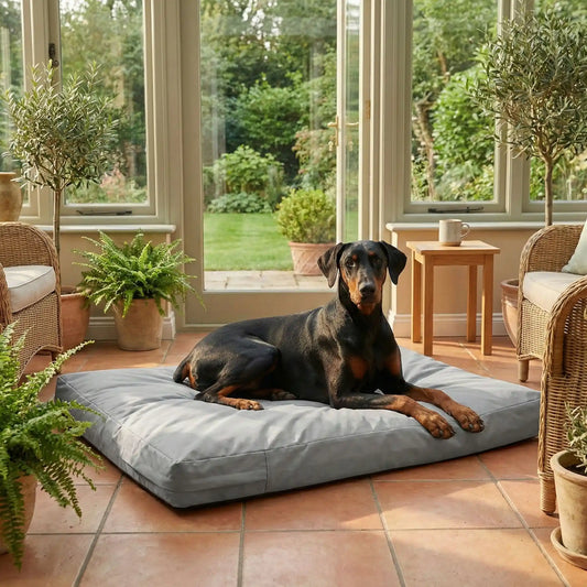 Housse-coussin-chien-imperméable-multiusage pour lit matelas pour chien-de couleur gris-lavable en machine-résistant aux griffes et morsure, durable, coutures solides et fermeture éclair discrète, disponible en 3 tailles L, XL et XXL de 92 à 122 cm pour tout les chiens ou chiots-un garnd chien couché sur la housse xxl 100% imperméable en tissu oxford qui enveloppe le matelas rectangulaire dans le salon de l'appartement