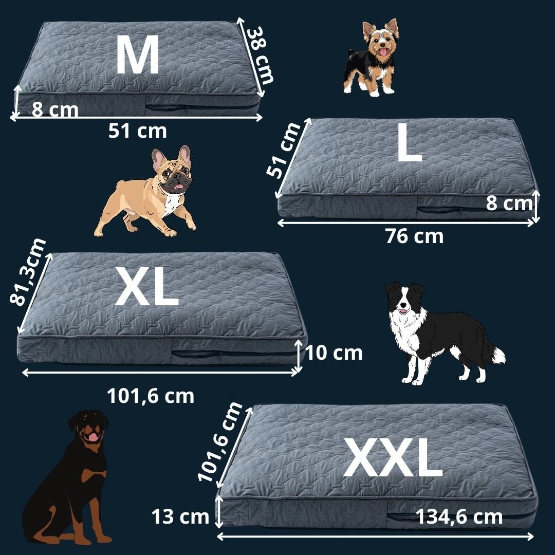 Housse-coussin-chien-matelasse-rectangulaire-imperméable-douce-et résistante-anti poils et saletés-coutures et fermetures éclair solide et discrète- lavable en machine-4 tailles disponibles M,L, XL et XXL pour lit , coussin pour chien de toutes tailles de petites à très grandes de 0 à 50 kg- guide des tailles et dimensions détaillées de toutes les tailles en 3D