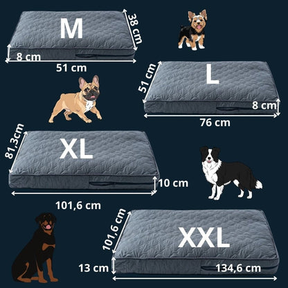 Housse-coussin-chien-matelasse-rectangulaire-imperméable-douce-et résistante-anti poils et saletés-coutures et fermetures éclair solide et discrète- lavable en machine-4 tailles disponibles M,L, XL et XXL pour lit , coussin pour chien de toutes tailles de petites à très grandes de 0 à 50 kg- guide des tailles et dimensions détaillées de toutes les tailles en 3D