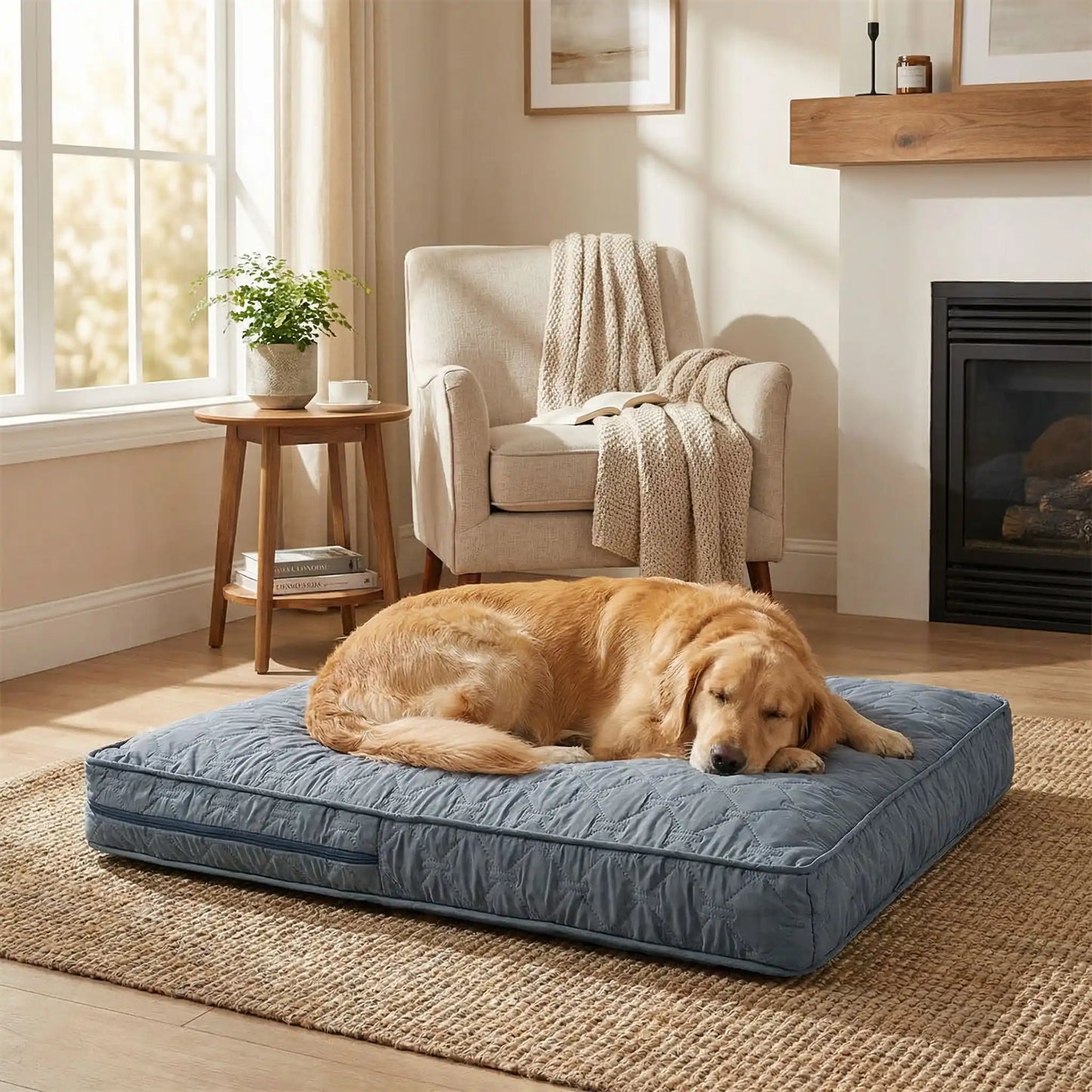 Housse-coussin-chien-matelasse-rectangulaire-imperméable-douce-et résistante-anti poils et saletés-coutures et fermetures éclair solide et discrète- lavable en machine-4 tailles disponibles M,L, XL et XXL pour lit , coussin pour chien de toutes tailles de petites à très grandes de 0 à 50 kg- un grand chien qui dort sur la housse confortable et rembourrée en protection de son matelas dans le salon de l'appartement