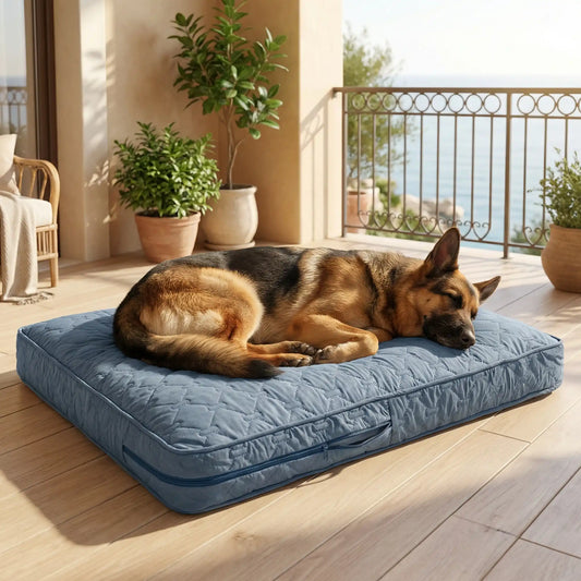 Housse-coussin-chien-matelasse-rectangulaire-imperméable-douce-et résistante-anti poils et saletés-coutures et fermetures éclair solide et discrète- lavable en machine-4 tailles disponibles M,L, XL et XXL pour lit , coussin pour chien de toutes tailles de petites à très grandes de 0 à 50 kg- un grand chien qui dort sur la housse confortable et rembourrée en protection de son matelas sur le grand balcon de l'appartement
