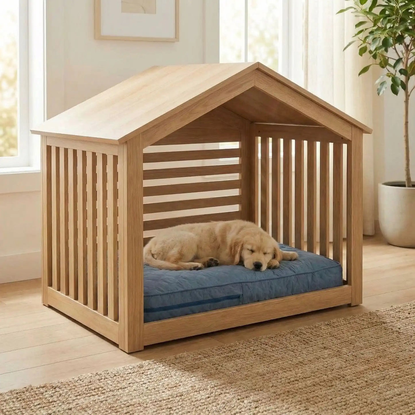 Housse-coussin-chien-matelasse-rectangulaire-imperméable-douce-et résistante-anti poils et saletés-coutures et fermetures éclair solide et discrète- lavable en machine-4 tailles disponibles M,L, XL et XXL pour lit , coussin pour chien de toutes tailles de petites à très grandes de 0 à 50 kg- un chien de taille moyenne à poils long qui dort sur la housse confortable et rembourrée en protection de son matelas dans sa niche interieur en bois naturel design dans le salon