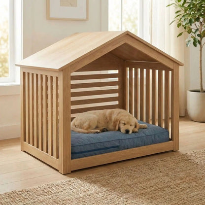 Housse-coussin-chien-matelasse-rectangulaire-imperméable-douce-et résistante-anti poils et saletés-coutures et fermetures éclair solide et discrète- lavable en machine-4 tailles disponibles M,L, XL et XXL pour lit , coussin pour chien de toutes tailles de petites à très grandes de 0 à 50 kg- un chien de taille moyenne à poils long qui dort sur la housse confortable et rembourrée en protection de son matelas dans sa niche interieur en bois naturel design dans le salon